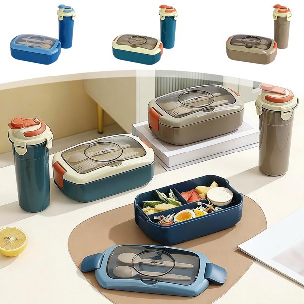 MTBLYS Fiambrera bento de plástico con compartimentos y juego de vasos para agua | Recipiente para el almuerzo a prueba de fugas y apto para microondas