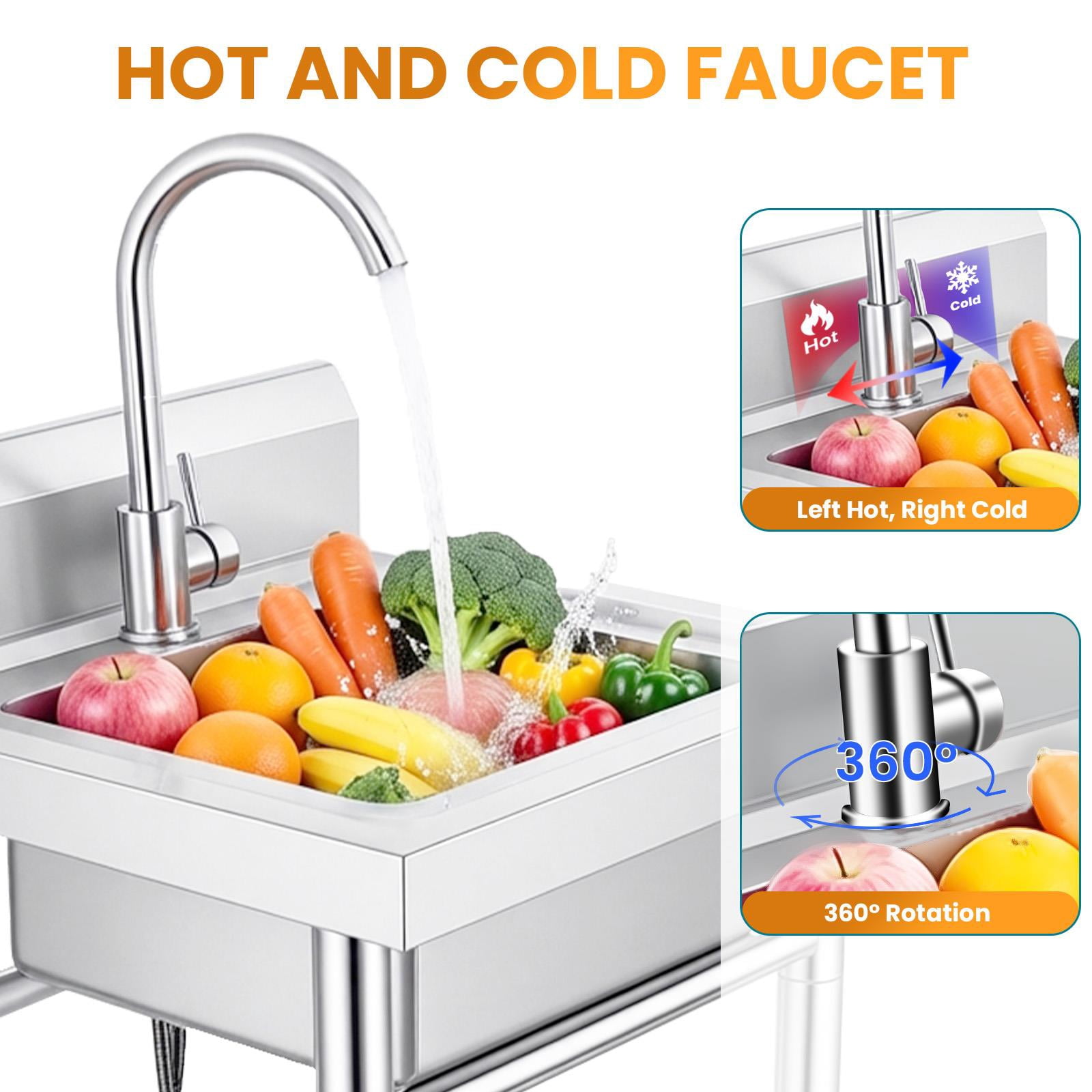 Stainless Steel Single Bowl Laundry Sink 4 Piece Set, 17.6 LBS Freestanding Utility Sink with Faucet & Drain, Silver Deep Basin Utility Tub for Home Laundry Room, Basement, Garage & Household Use