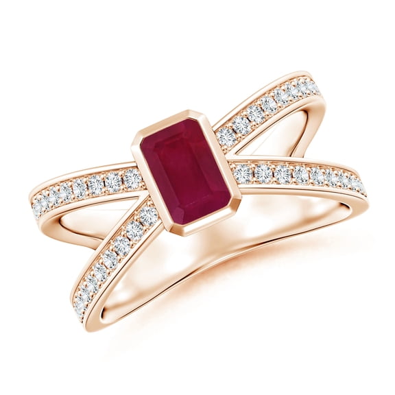 ANGARA Natural Emerald-Cut Ruby Criss Cross Solitaire Engagement Ring in 14K Rose Gold for Women (Size-6x4mm) | July Birthstone, Birthday, Anniversary, Jewelry Gift for Women | Natural Ruby Ring