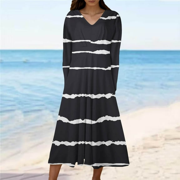 Cavosen Going out Dresses for Women Black Long Sleeve Maxi Dress High Waist V-Neck Calf Length Long Dress Striped Casual Trendy Dress Party Vacation Fall Winter Clothes S