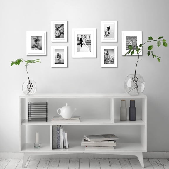 Set of 7 Picture Frames with Shatter-Resistant Glass - Gallery Wall Frame Set with One 11x14, Two 8x10 and Four 5x7 Frames - Signature Collection - White