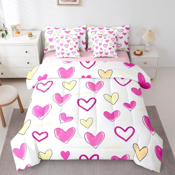 Manfei Girly Pink Cartoon Twin Bedding Sets 7-Piece, Kawaii Love Heart Bedding Comforter Set, Teens Boys Girls Kids Reversible Sheet Sets, Super Cozy Room Decor