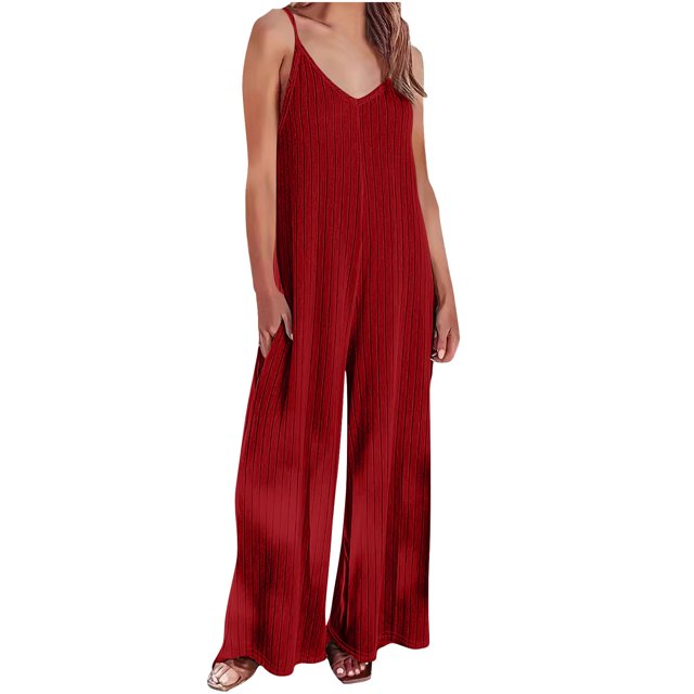Plebaso Women's V Neck Sleeveless Jumpsuits Loose Spaghetti Strap Casual Wide Leg Rompers with Pockets