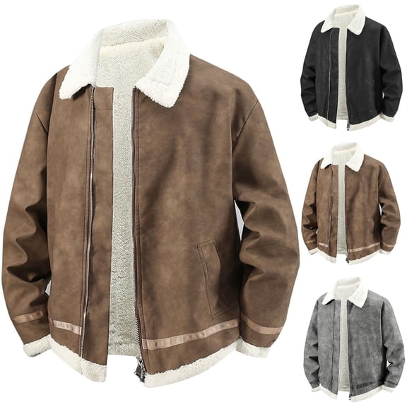 Zynoxe Mens Plus Size Sherpa Jackets Vintage Lapel Shearling Collar Zip Up Long Sleeve Faux Suede Jackets Winter Warm Relaxed Fit Fleece Jackets with Pockets