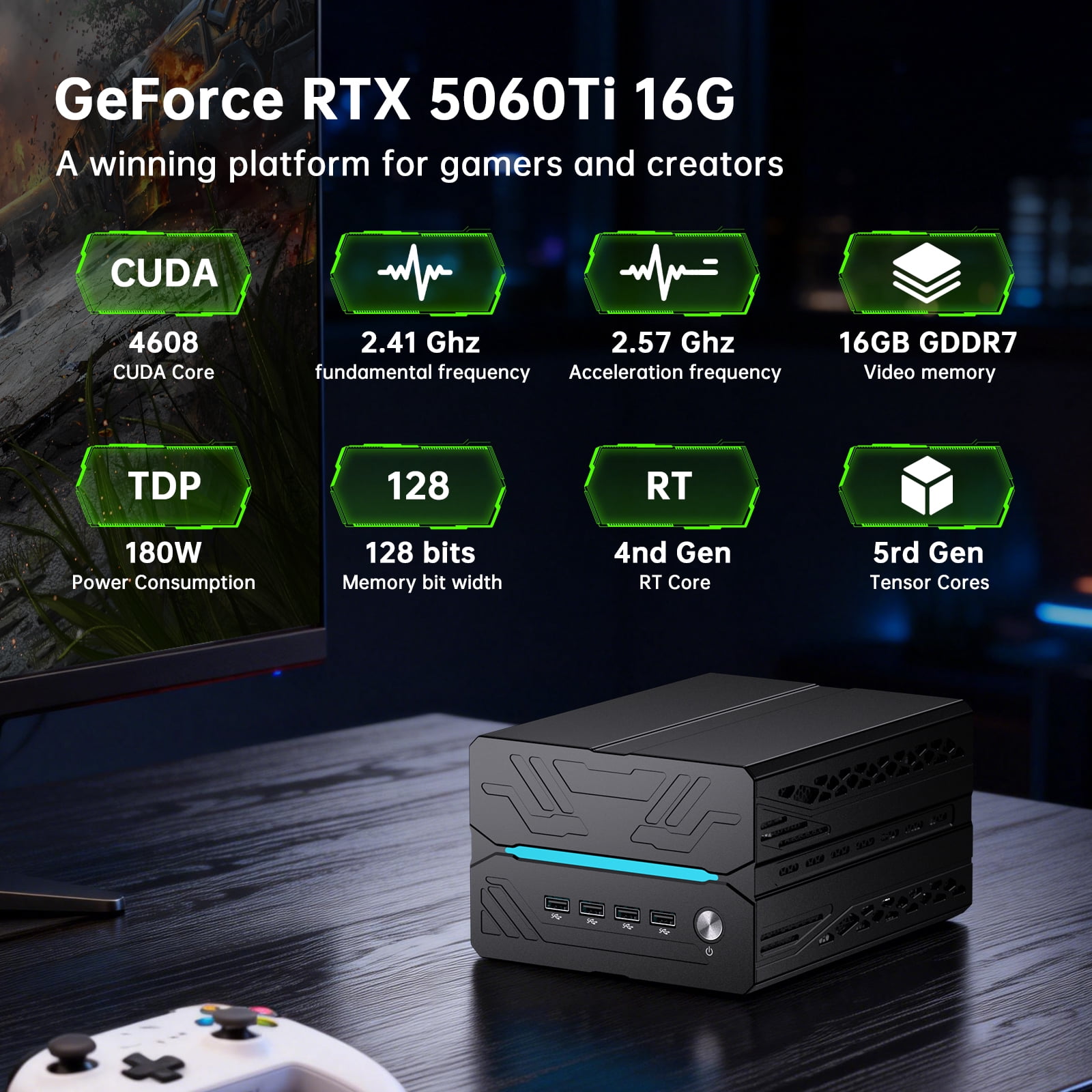Kinupute Mini Gaming PC, Desktop Computer i9-14900F 24 Cores Upto 5.8GHz, 64G DDR5, 4T M.2 PCIE4.0 SSD, Win-11 Pro, GeForce RTX5060Ti 16G, Four Display, 8K@60Hz Outputs, Dual LAN, WiFi7/BT5.4