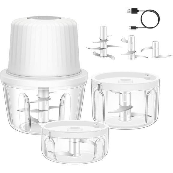 USB Rechargeable Electric Garlic Chopper, 6 Blades Mini Food Processor, Portable Vegetable Cutter & Mincer for Garlic, Onion, Ginger, Chili, Meat, Fruits with 3 Size Bowls (100/250/350ML)
