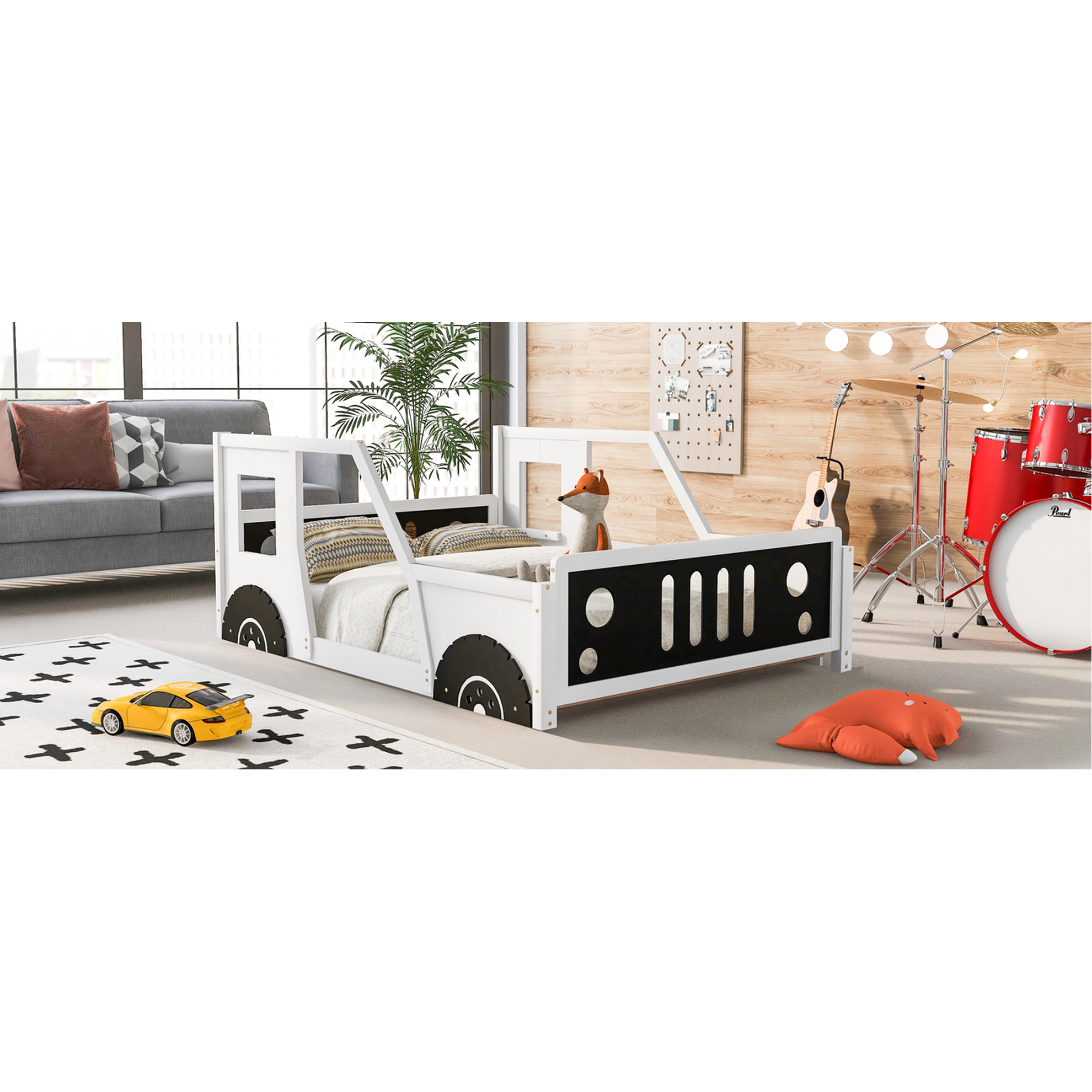 Full Size Car-shaped Platform Bed In White - Constructed With Pine Wood And For Long-term Use Classic Car Wheels, Construction