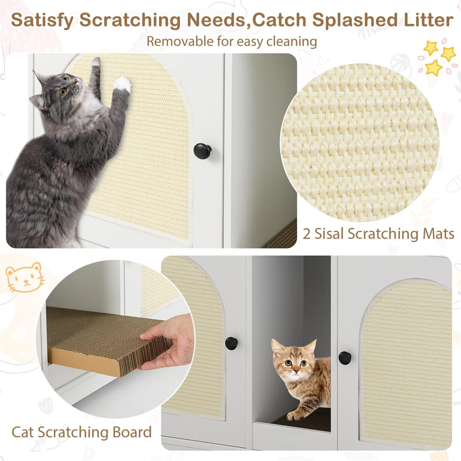 Pefilos 43" Cat Litter Box Enclosure, Double Rooms & Storage Space, Sisal Mat & Waterproof Board, White