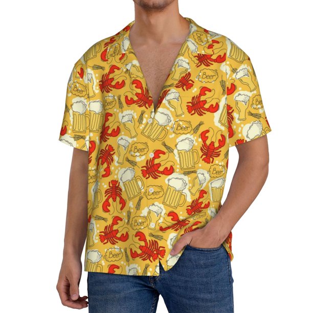 Fotbe Beer And Crawfish Camisa Estampada de Manga Corta para Hombre, Casual de Verano, Estilo Playero, Sin Arrugas-Small