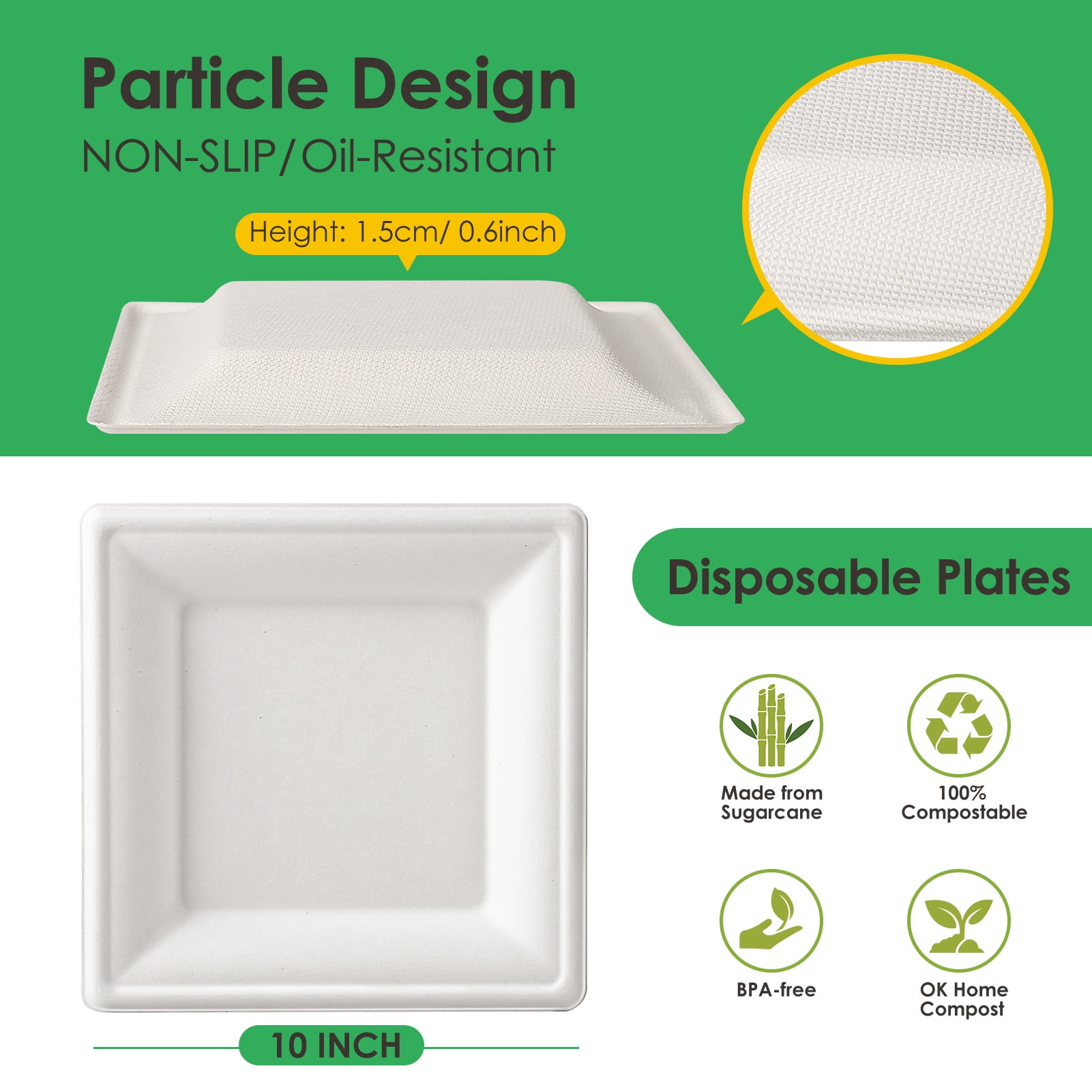 Gezond Compostable Square Plates 10 Inches, 100pcs Disposable Paper Plates, Eco-Friendly Heavy Duty Biodegradable Sugarcane Plates for Party, White