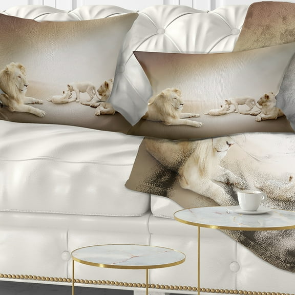 Designart White Lion Family - Animal Throw Pillow - 12x20
