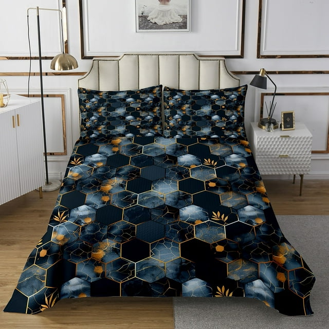 Erosebridal Honeycomb Coverlet Set Queen for Adult, Marble Geometric Bedding Set, Rustic Leaf Bedspread Sets Queen Size, Breathable Room Decorative, 3pcs