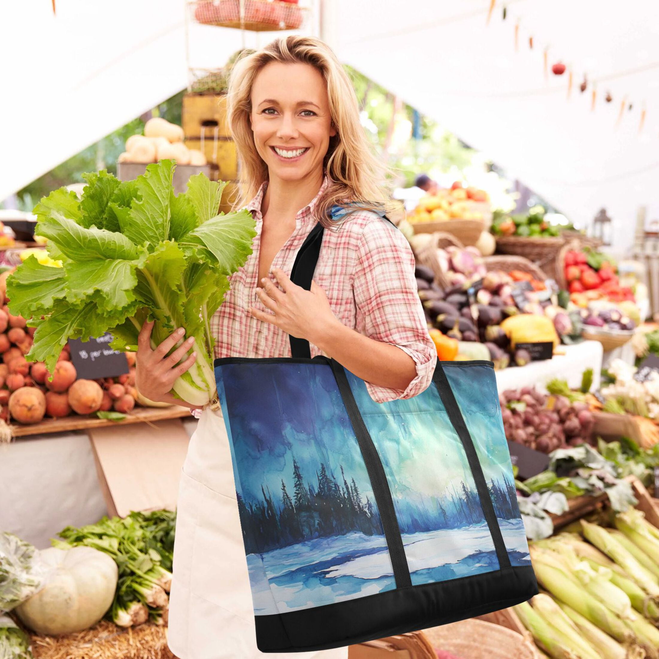Large Hand-held Ice Pack Picnic Bag Insulation and Refrigeration Suitable for Shopping Picnics and Camping Aurora in The Forest