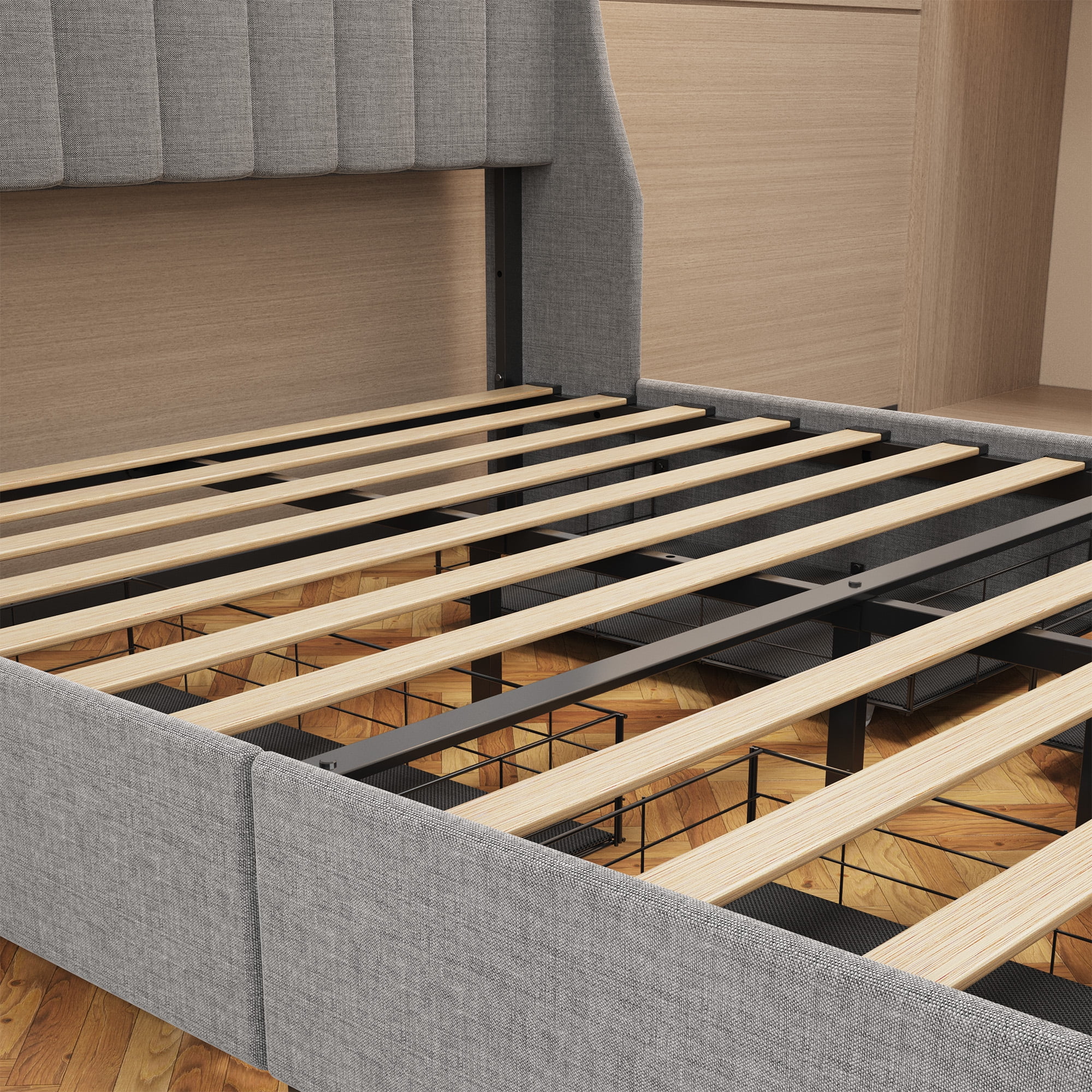 Euroco Queen Size Platform Bed with LED Light, Modern Storage Bed with 4 Drawers, Light Grey