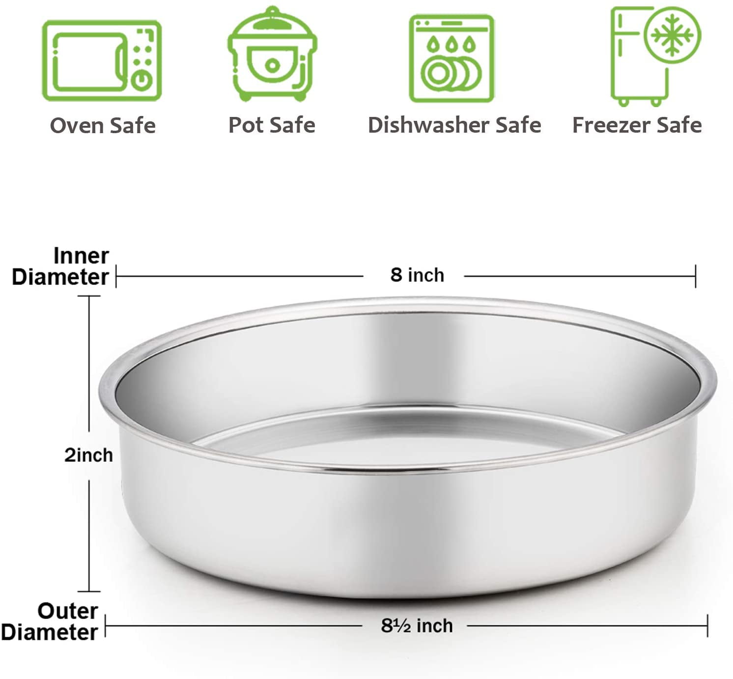Deep Side & Mirror Finish 8 x 3 Inch Cake Pans Set of 2 P&P CHEF Round Baking Pan Stainless Steel Layer Birthday Wedding Cake Oven Pans Non Toxic & Heavy Duty Easy Clean & Dishwasher Safe 