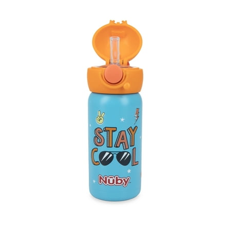 Nuby Thirsty Kids Flip-top Hydrate Stainless Steel Travel Straw Cup, 14 fl oz