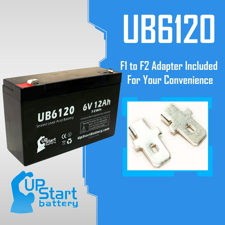 Compatible CHLORIDE 1000010077 Battery - Replacement UB6120 Universal  Sealed Lead Acid Battery (6V, 12Ah, 12000mAh, F1 Terminal, AGM, SLA) -  Includes TWO F1 to F2 Terminal Adapters 