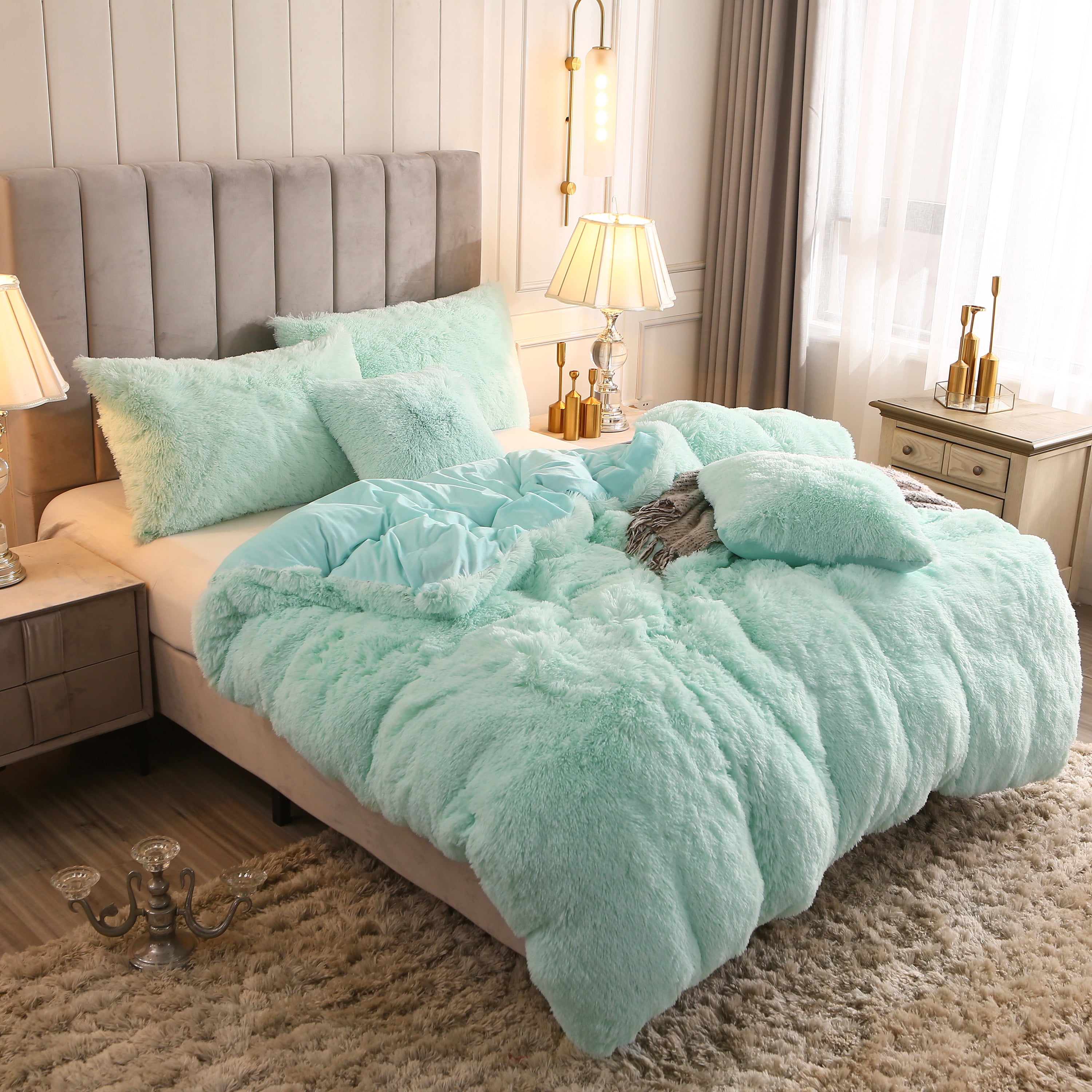 Uhamho Faux Fur Velvet Fluffy Bedding Duvet Cover Set Down Comforter Quilt Cover with Pillow Shams, Aqua