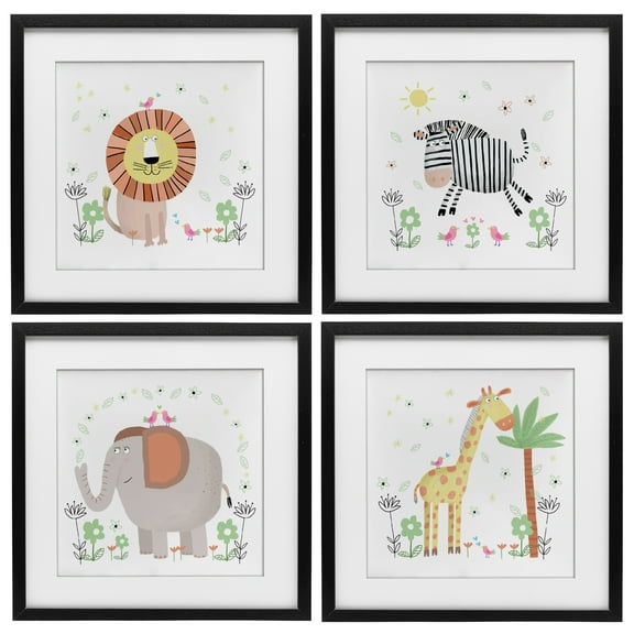 Stupell Industries Baby Jungle Animals & Flowers 4 Piece Black Framed Print Under Glass Set, design by Carla Daly, 13 x 13
