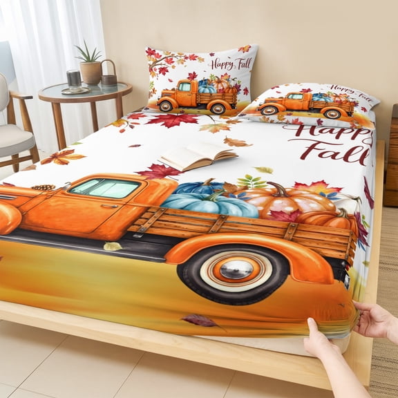 Twin Sze Fitted Sheet Set - Happy Fall 2 Piece Bedding Sets 16" Deep Pocket Fitted Sheet with 1 Pillowcase, Orange Truck Maple Leaves Branch Thanksgiving Brushed Microfiber Hotel Luxury Bed Sheets