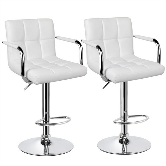 VibrantEcho Bar Stools Set of 2, PU Leather Adjustable Swivel Barstools, Hydraulic Kitchen Counter Height Bar Chairs with Armrest and Back for Kitchen, Dining Room,White