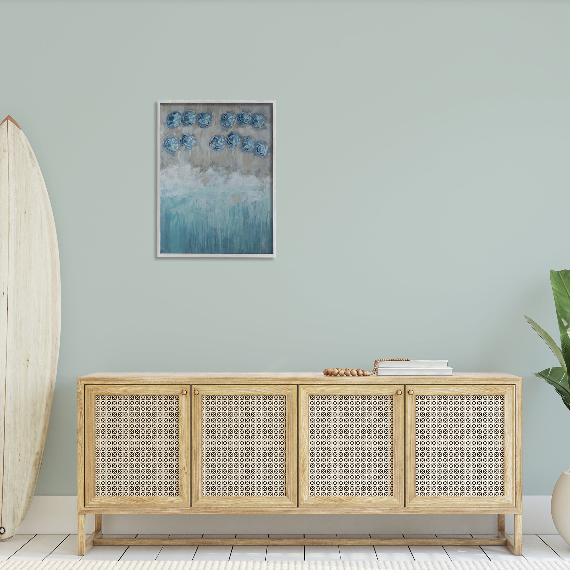Stupell Industries Abstract Blue Umbrella Ocean Coast Rustic Beach Painting Gray Framed Art Print Wall Art, 24x30, by Reesa Qualia