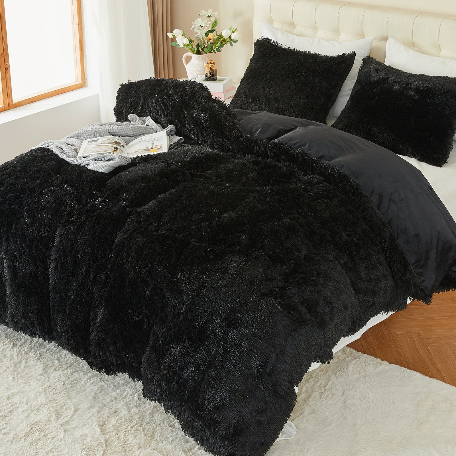 EMME Plush Fuzzy Twin Duvet Cover Set, Luxury Soft Faux Fur Velvet Fluffy Comforter Cover Set 2 Pieces Soft Warm and Durable, 1 Duvet Cover + 1 Pillow Case, Zipper Closure (Black,Twin)