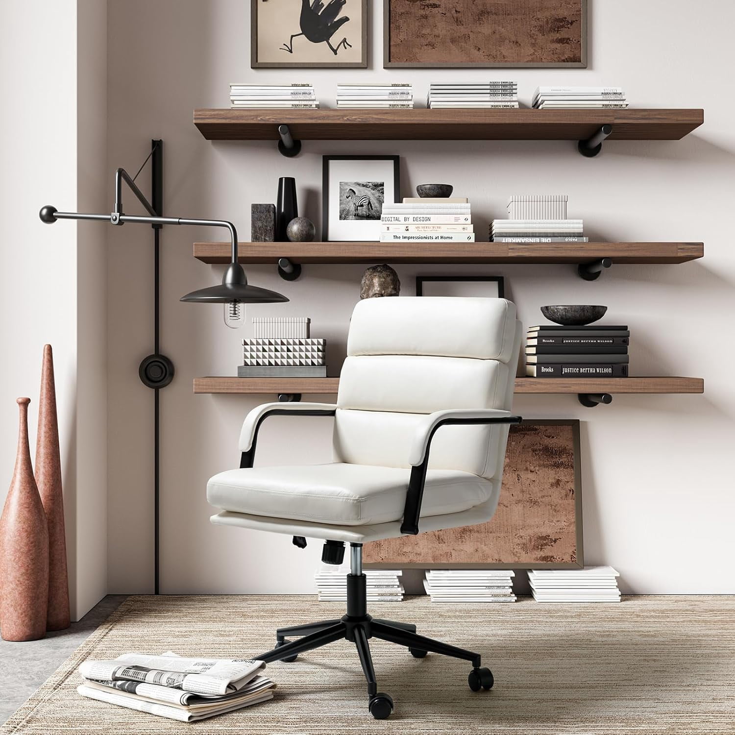Faux Leather Home Office Chair, Swivel Task Desk Chair with Padded Cushion, White