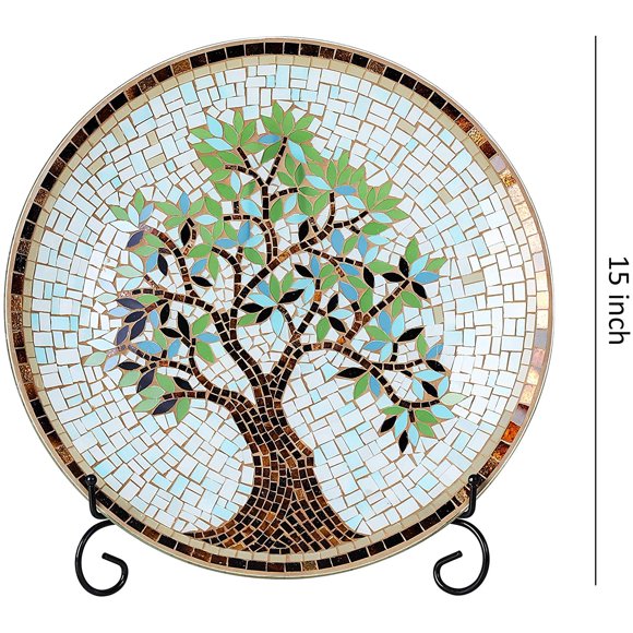 Gala Houseware Home Décor Accents Decorative Plate with Metal Stand, 15” Round Mosaic Glass Centerpiece Décor