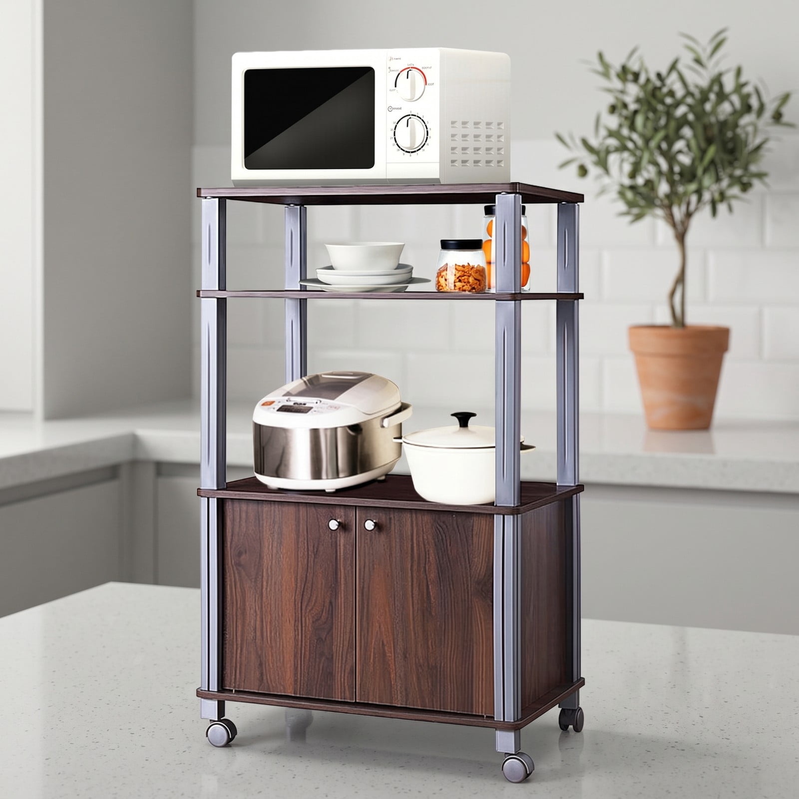 RUIE 3-Tier Microwave Stand with 2-Door Cabinet, Rolling Kitchen Storage Cart for Dining Room, Walnut
