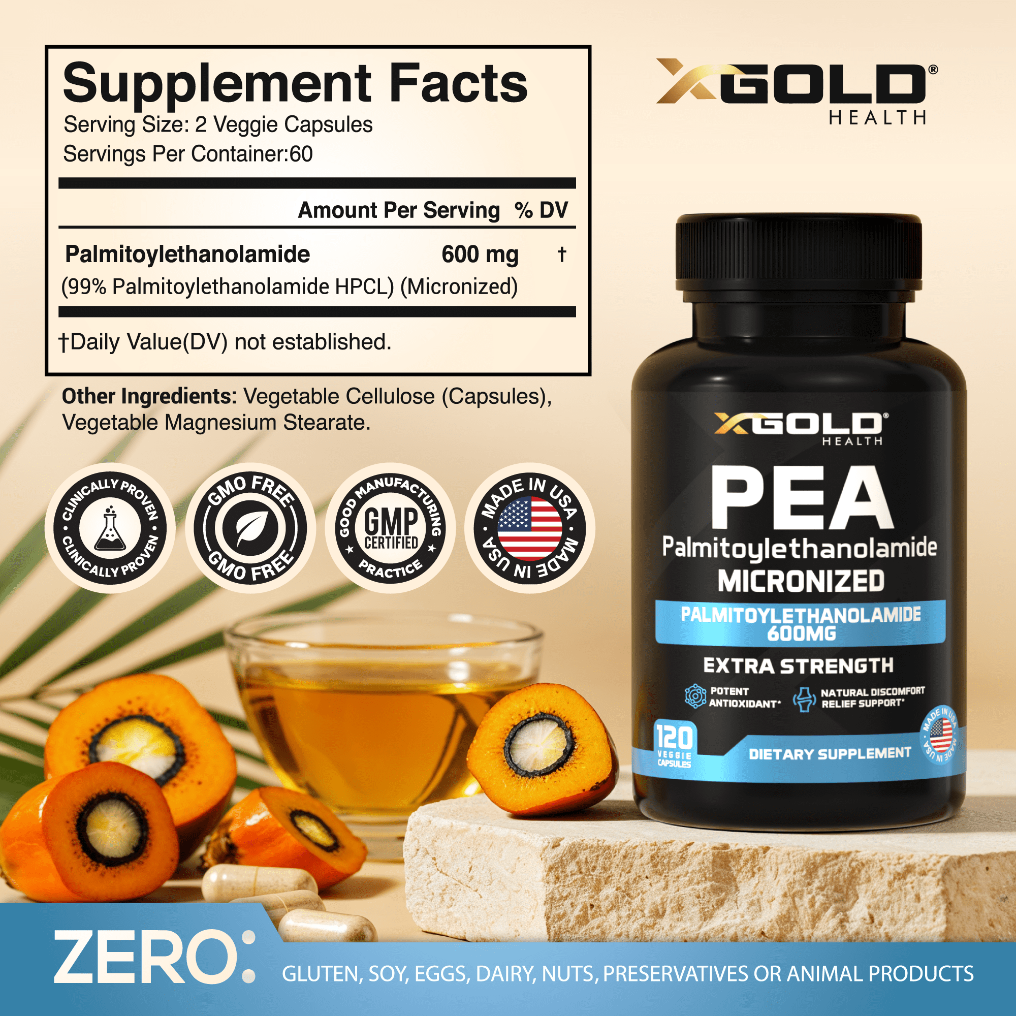 Micronized Palmitoylethanolamide (PEA) Supplement - 600 MG Per Serving - Highly Purified & Bioavailable - 120 Capsules - Natural Discomfort Support for Men and Women