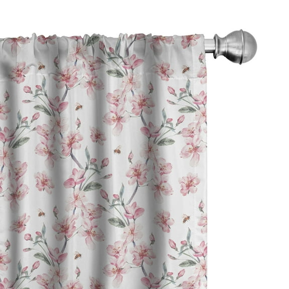 Ambesonne Watercolor Curtains, Sakura Cherry Garden, Pair of 28"x84", Reseda Green Pale Pink