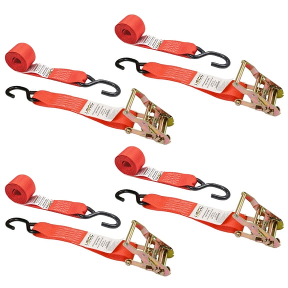 2" x 8' Red Ratchet Strap w/ Vinyl Coated S-Hooks - 4 Pack