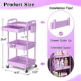 thumbnail image 2 of 3 Tier Rolling Utility Cart with Removable Drawer, Bathroom Storage Organizer with 2 Lockable Wheels, Mobile Shelving Unit for Kitchen, Office, Snack, Craft, Makeup, Baby Essentials, Purple, 2 of 7