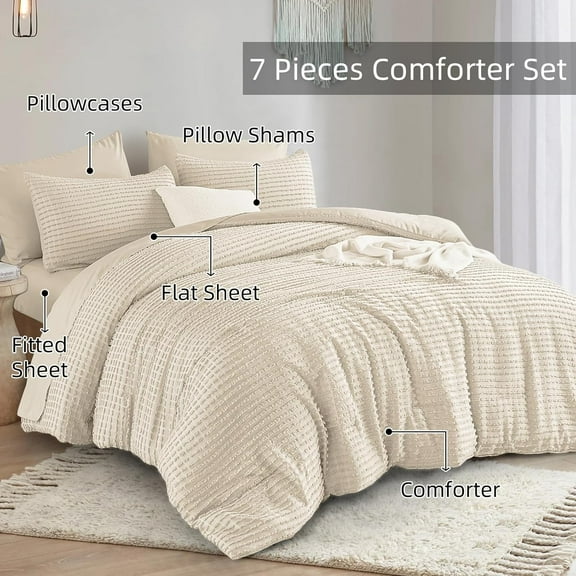 7 Piece Beige Boho Comforter Set Queen Bed in a Bag Tufted Texture Comforter Set Fluffy Jacquard Geometric Bedding Set 90"×90"