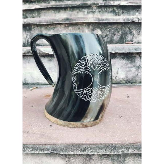 Natural Real Horn Handmade Viking Medieval LARP Drinking Horn (small) with iron stand