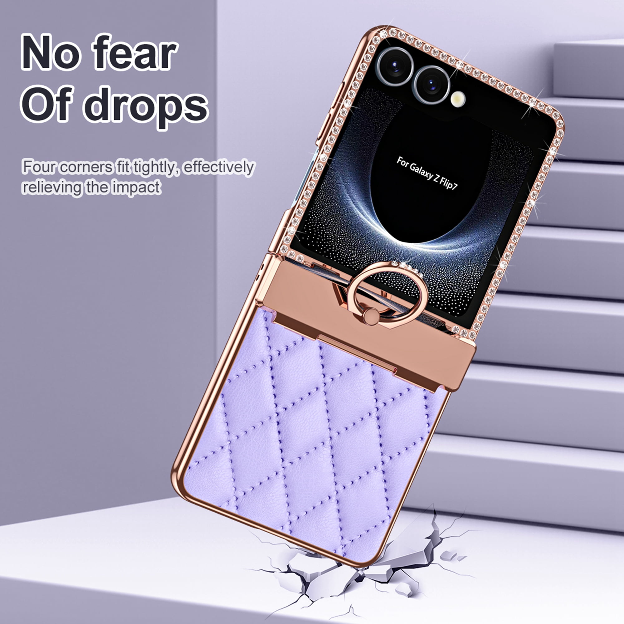 Dteck Diamond Case for Samsung Galaxy Z Flip 7 with Hinge Protection and Ring Holder, Luxury Sparkly Plating Shockproof Phone Cover with Screen Protector for Galaxy Z Flip 7,Purple