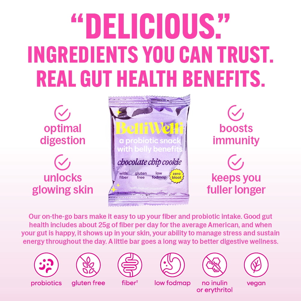 (2 pack) BelliWelli, Chocolate Chip, Soft-Baked Probiotic Bar, 4 x 1.4 oz bars