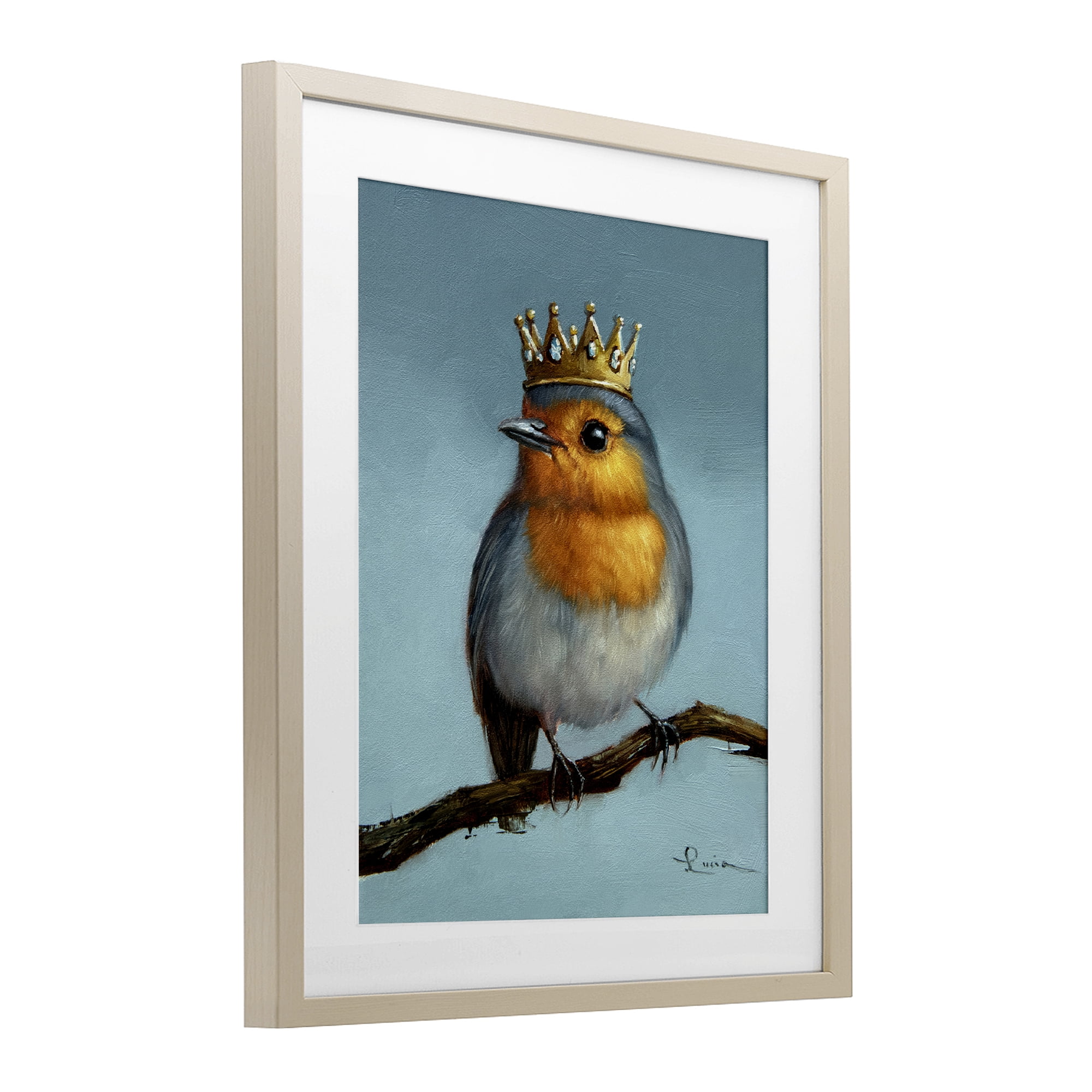 Royal Robin Perched Birch Framed Print Under Glass, design by Lucia Heffernan