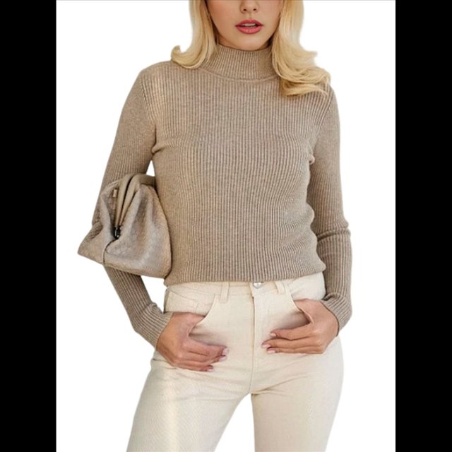 Suéter de Cuello Alto Acanalado para Mujer, Larga, Blusa Térmica de Peso Medio Caqui un Tamaño