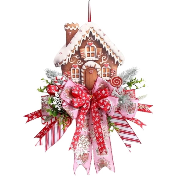 20 Inch Gingerbread Wreath for Front Door, Christmas Holiday Door Decoration with Festive Ornaments, Indoor Outdoor Seasonal Decor