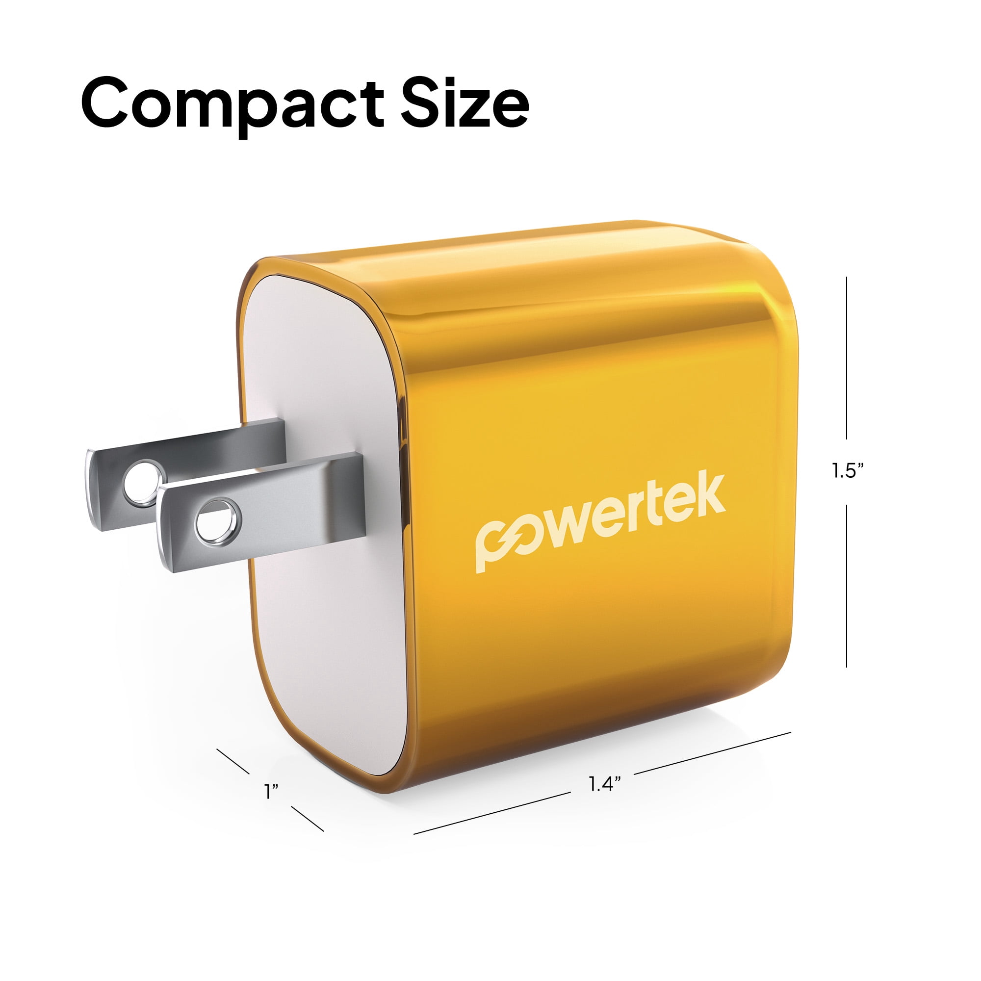 Powertek Luxe 20W USB-C + 18W USB-A Fast Charging Dual Port Block, Gold, Compatible with iPhone, Android, Tablets & USB Devices, Compact Travel Adapter