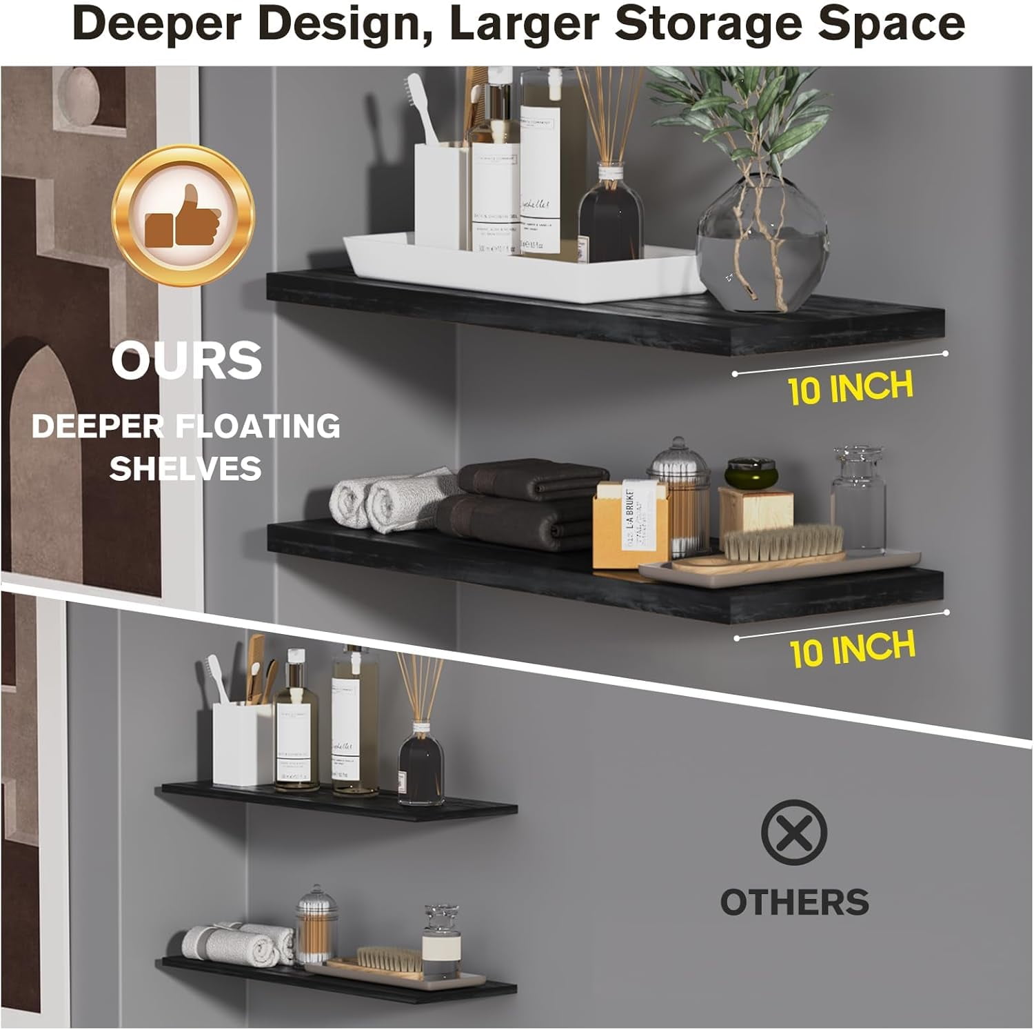 LANDMOK 10 Inch Deep Floating Shelf, 36 x10 Inch Large Wall Mounted Shelf for Kitchen, Bathroom, Living Room, Black Wood (3 Pack)