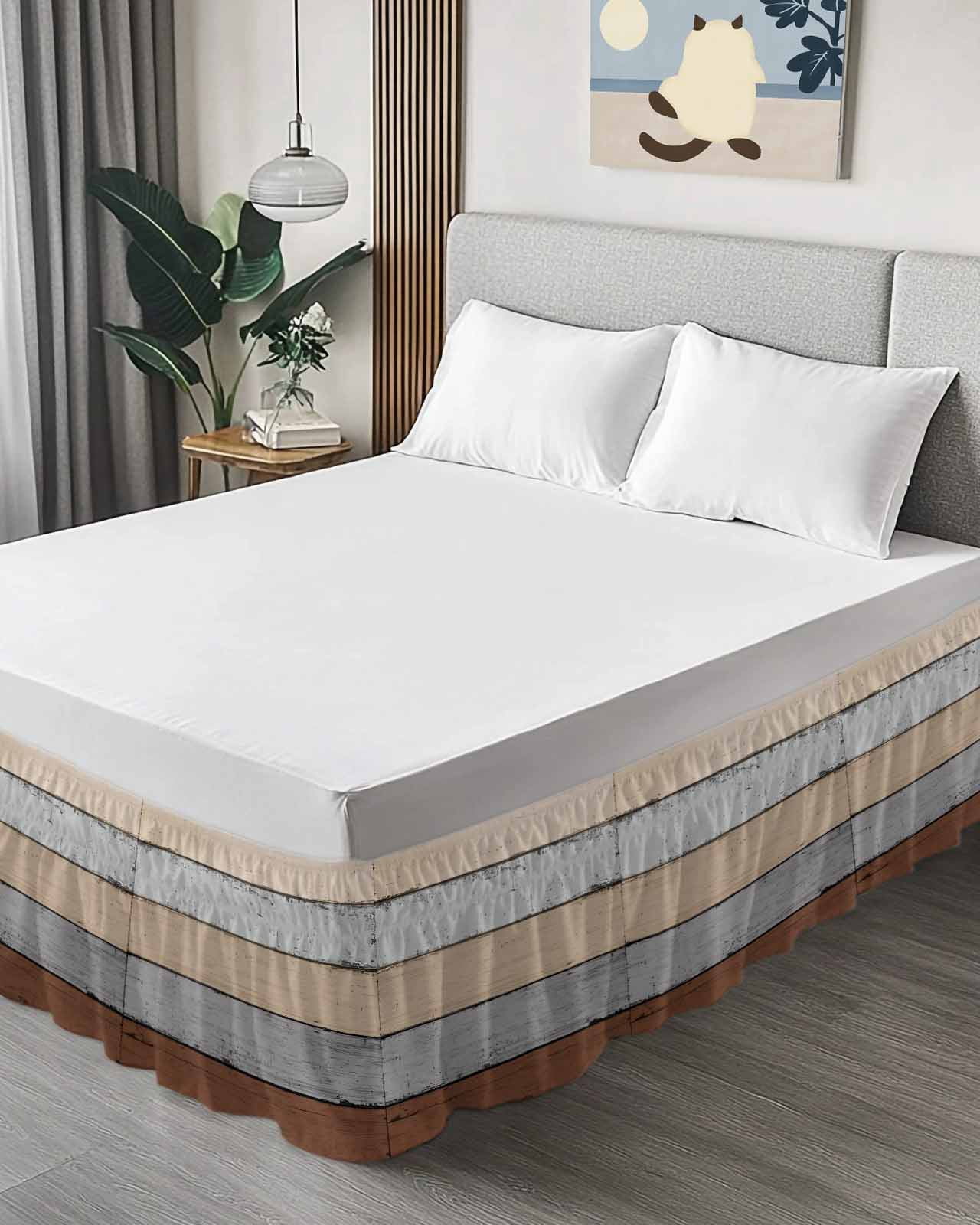 Brown Gray Wood Grain Ruffle Bed Skirt California King Size Countryside Stripe Adjustable Elastic Dust Bed Skirts Wrap Around Bedskirt Wrinkle Free Easy Fit with 18 Inch Drop