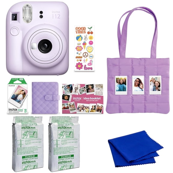FUJIFILM instax mini 12 Instant Film Camera Holiday Bundle (Lilac Purple) with 2 x Instax Mini Instant Film - Foil Pack and Microfiber Cloth