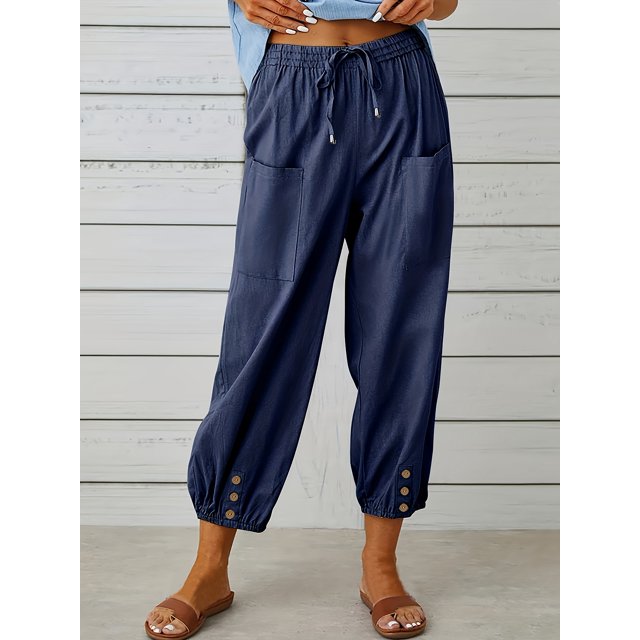 Plus Size Women's Solid Bow Knot Elastic Button Decor Casual Pants with Pockets