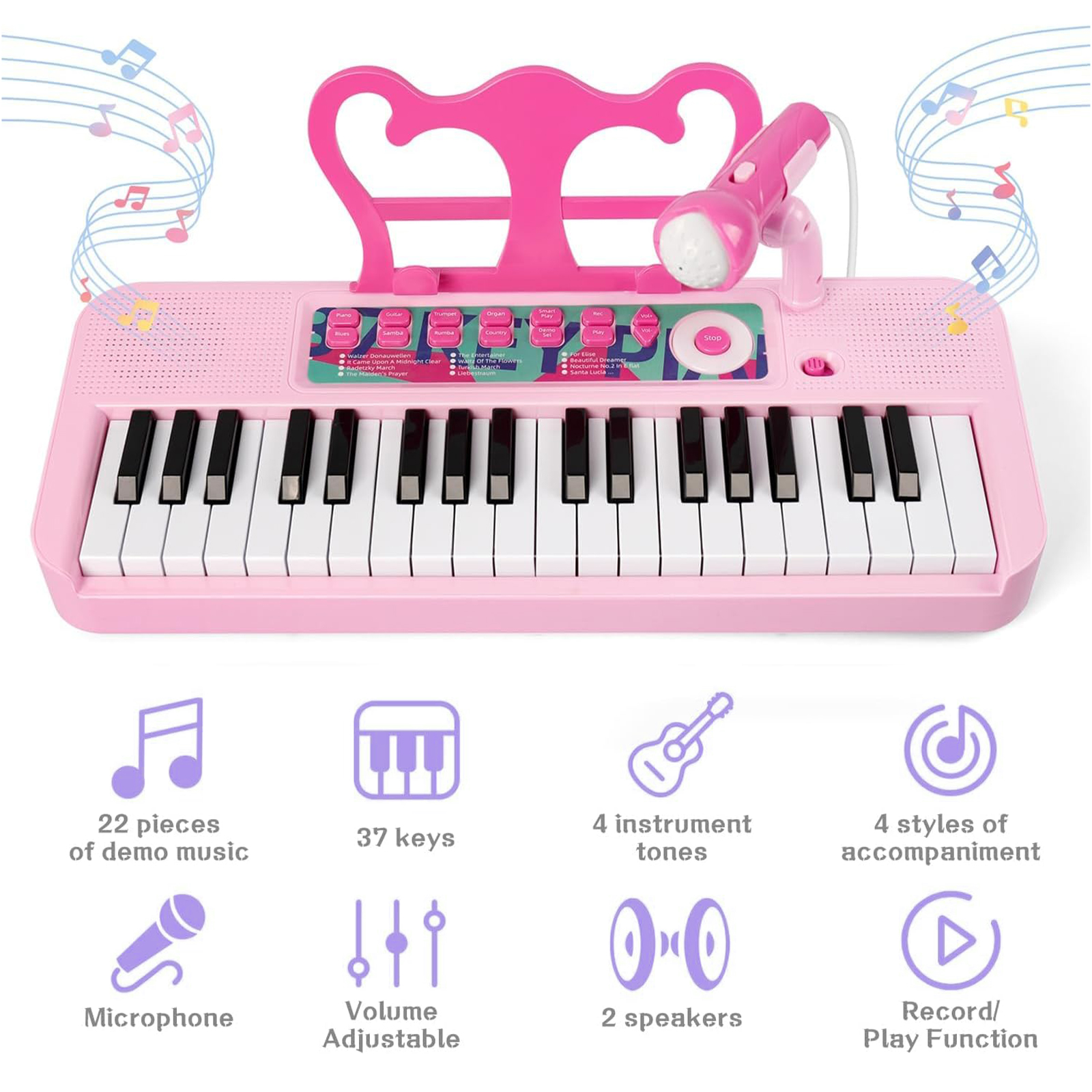 Kids Piano, 37 Keys Toddler Piano Keyboard Toy Electronic Musical Instrument Educational Toy with Microphone, 2 Speakers, Record Playback, Christmas Birthday Gift for 3+ Years Old