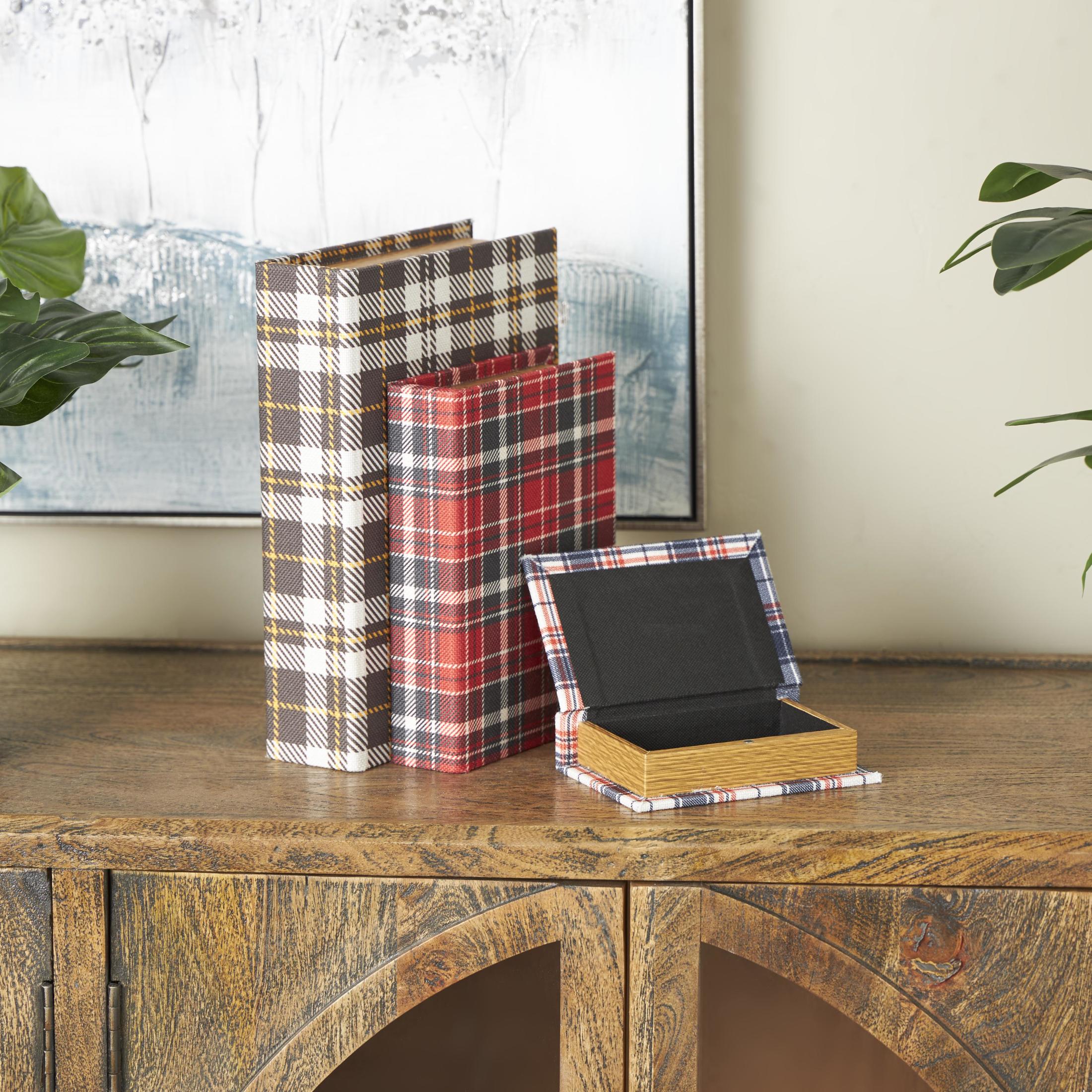 DecMode Geometric Plaid Faux Book Storage Multi Colored Canvas Decorative Box with Red and Blue Accents, 3 Count