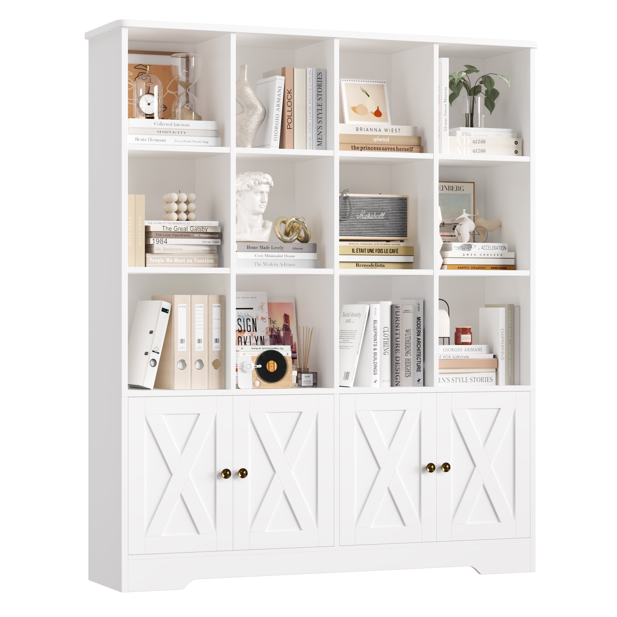 Homfa 12 Cube Double Wide Bookcase with Doors, 3 Tier Library Cabinet & Bookshelves for Home Office Living Room, White