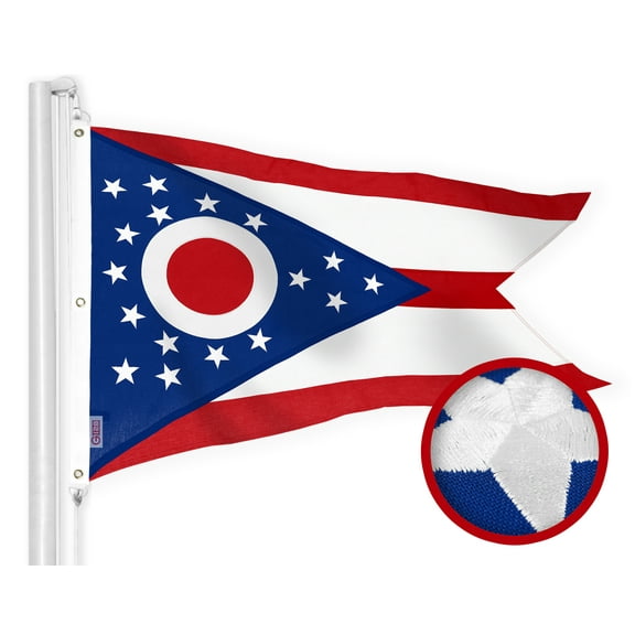 G128 Ohio OH State Flag | 6x10 Ft | StormFlyer Series Embroidered 220GSM Spun Polyester | Embroidered Design, Indoor/Outdoor, Brass Grommets, Heavy Duty, All Weather